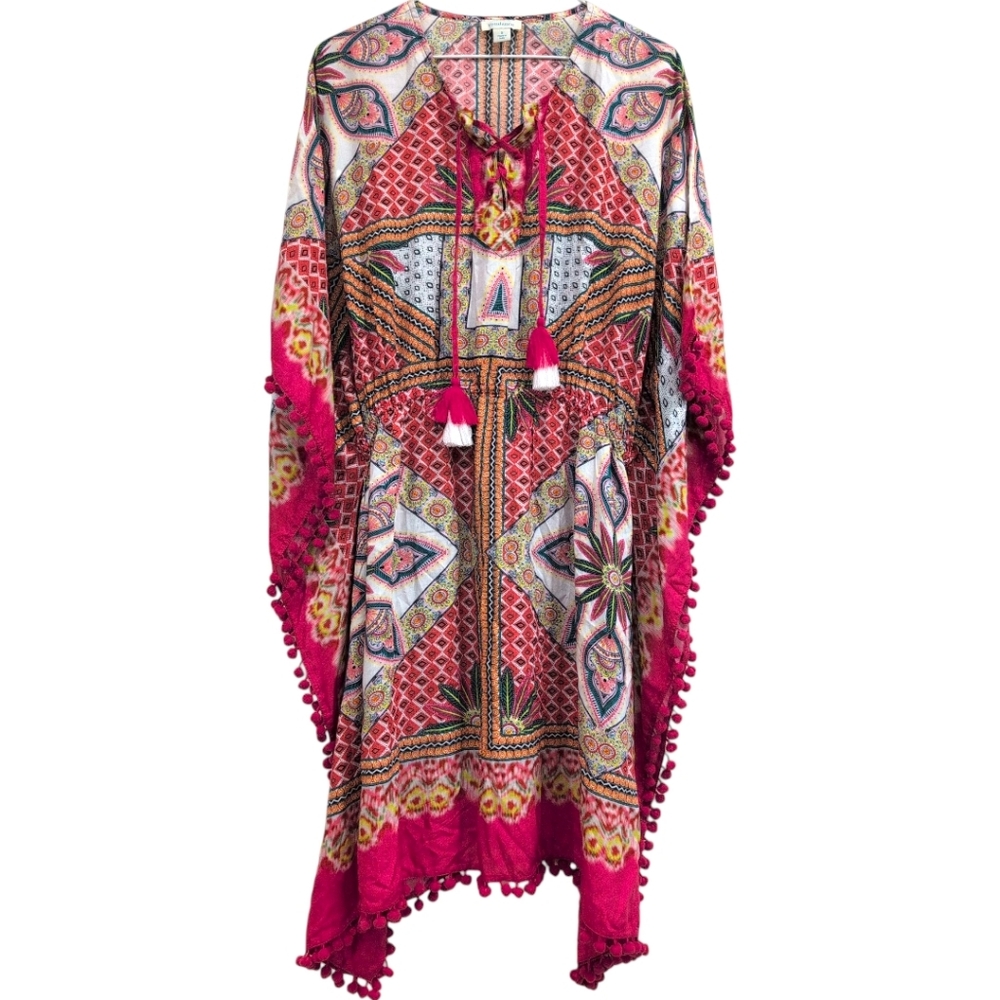 Sundance Dress Large Atzi Beach Coverup Multi Pom Pom Elastic Waist Pullover S - Picture 2 of 5